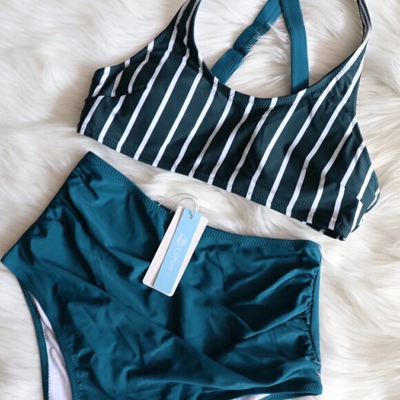 NEW Green White Stripe High Waisted Hipster Bikini Swim Set Size Small - Picture 4 of 9
